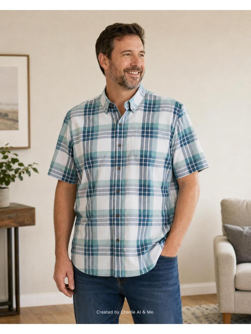 Eddie Bauer Mens 2XL Short Sleeve Plaid Button Down Shirt Blue Green White